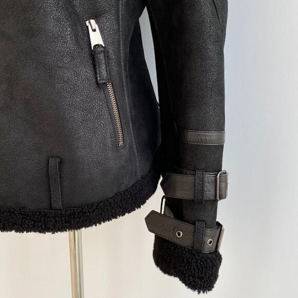 Harlin Genuine Shearling Sheepskin Motorcycle Leather Coat Wrist Buckles size 4 - Picture 4 of 12